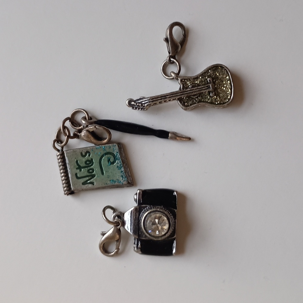 Camera, Notepad, and Guitar Charms
